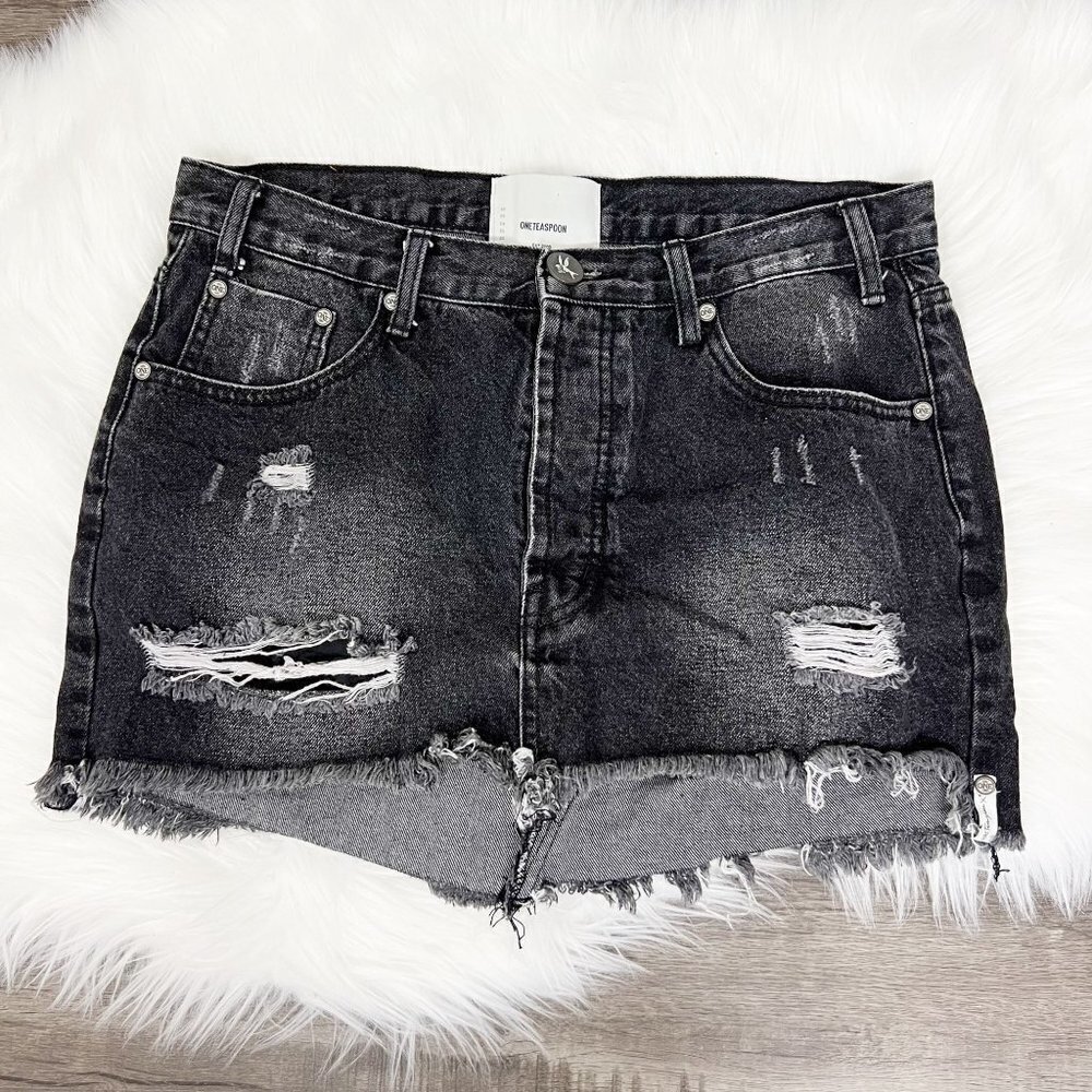 One Teaspoon Black Wash Junkyard Distressed Low Rise Denim Mini Skirt Womens 26